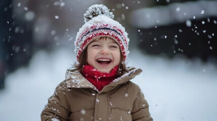 Smiling child playing in snow with knit pom-pom hat.