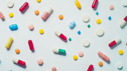 Colorful pills and capsules against a plain white backdrop.