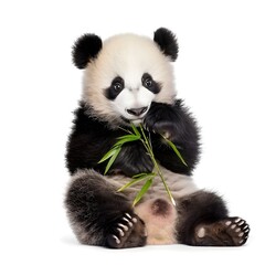 Naklejka premium Panda Cub Sitting with a Playful Look, Holding a Small Piece of Bamboo