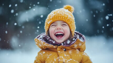 Cheerful child in yellow coat enjoys winter snowflakes