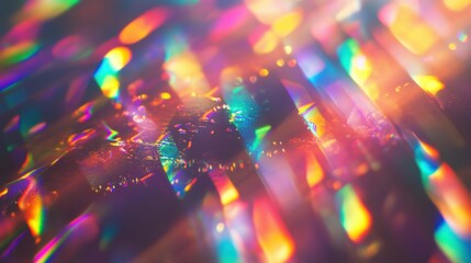 Vibrant rainbow light patterns create a colorful abstract background with bokeh effects