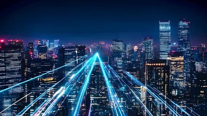 Futuristic cyberpunk cityscape with neon lights and high-speed data transmission creating a digital urban landscape