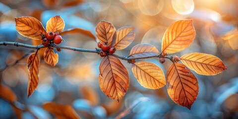 Obraz premium A close-up view of a branch with vibrant orange leaves and small red berries illuminated by soft, warm sunlight, creating a beautiful and serene natural scene