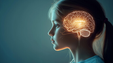 Obraz premium Girl with brain icon, AI concept, deep learning, consciousness, psychology, human nervous system brain, thinking, machine learning and artificial intelligence.