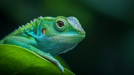 Naklejka premium A tight shot of a green chameleon atop a verdant leaf against a softly blurred backdrop