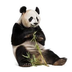 Obraz premium Panda Sitting on Its Haunches, Eating a Bamboo Stalk with Intense Focus, Fur Texture Visible