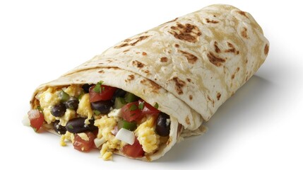 A breakfast burrito made with almond milk scrambled eggs, black beans, cheese, and salsa