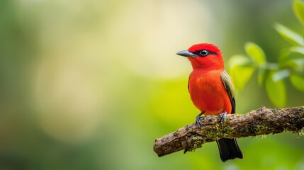Obraz premium A red bird perched on a tree branch against a green, leafy backdrop with a softly blurred sky behind