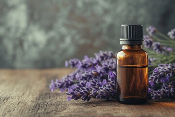 fresh lavender flowers beside bottle of lavender essential oil on wooden table, promoting natural wellness