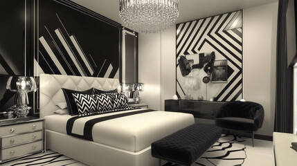 A luxury boutique-inspired bedroom with bold, geometric decor, plush bedding, and a designer chandelier. The space is accented with metallics and mirrored surfaces for a glamorous feel