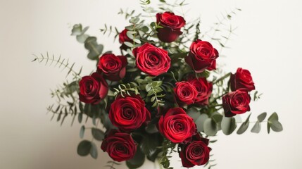 A classic bouquet of red roses, arranged in a spiral pattern, with delicate greenery accents.