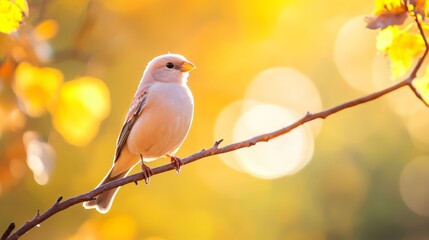 Obraz premium A small white bird sits on a yellow-leaved branch against a sunlit background, with sunlight filtering through the leaves
