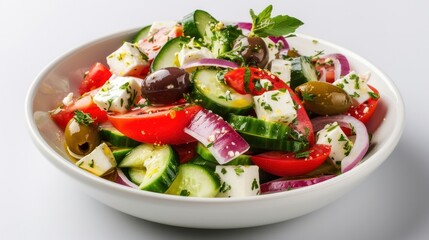 A classic Greek salad with fresh cucumbers, tomatoes, onions, Kalamata olives, and feta cheese, drizzled with olive oil and oregano