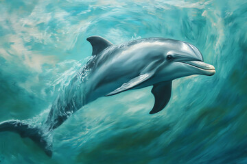 Naklejka premium A dolphin swimming gracefully through vibrant ocean waters.