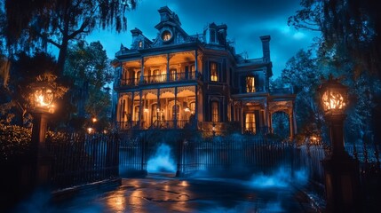 Haunted Mansion Tours with Spooky Storytelling, an eerie exploration of a mysterious estate, featuring shadowy corridors, flickering candles, and ghostly tales that captivate visitors.