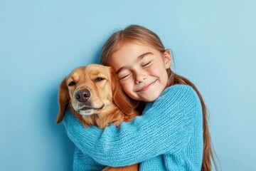 Girl embracing a dog against a light blue backdrop.