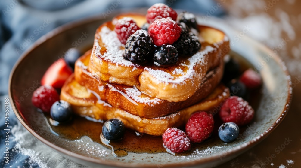 Poster A stack of French toast slices dusted with powdered sugar and topped with fresh berries and a drizzle of maple syrup, served on a rustic ceramic plate.