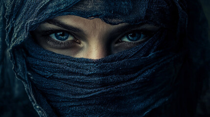 Naklejka premium A woman with blue eyes is wearing a blue scarf. The scarf is covering her face. The woman's eyes are closed, and she has a serious expression on her face