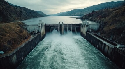 A long view of a hydroelectric dam with water flowing through the spillway into a vast river below.