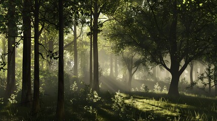 Obraz premium Peaceful Forest with Tall Trees and Dappled Sunlight Filtering Through the Leaves, Soft Mist Rising from the Forest Floor