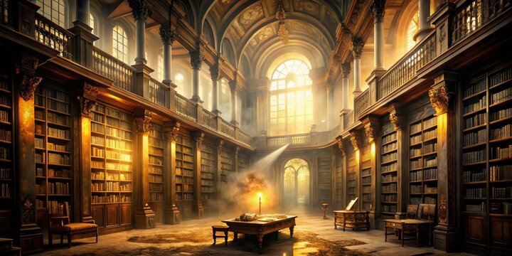 hidden cryptic messages in old abandoned libraries with warm golden lighting and foggy atmosphere