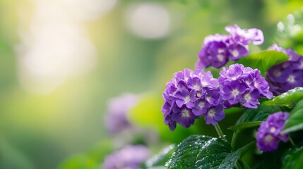  A tight shot of purple blooms and emerald leaves in the foreground, softly blurred background