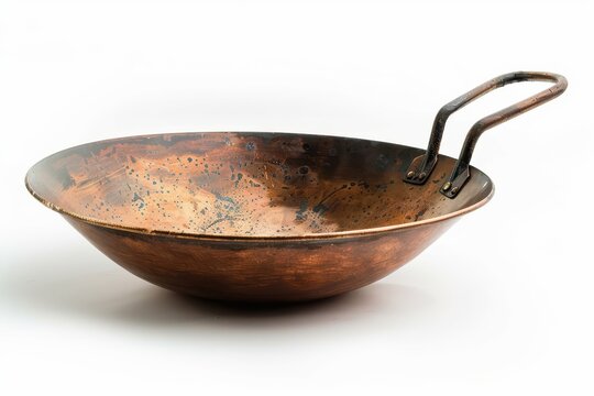 Flatter bottomed wok pan isolated on white background viewed from the side