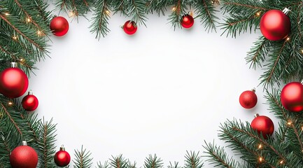  festive image showcases a Christmas theme with red balls, pine branches, and pinecones. The design leaves space in the middle, ideal for holiday greetings or festive messages.