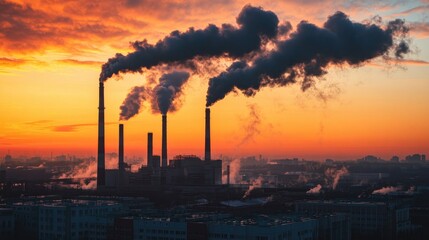 Obraz premium Factory smokestacks emitting toxic black smoke, causing environmental harm and illustrating the dangers of CO2 pollution.