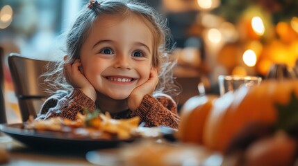Naklejka premium Young girl at dinner table with joyful holiday spirit.