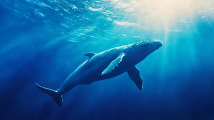 A humpback whale swims beneath the water's surface as sunlight streams through it