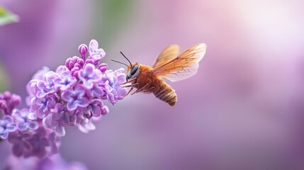  A tight shot of a bee atop a purple blossom A green leaf lies near, sharp in focus Background softly blurred