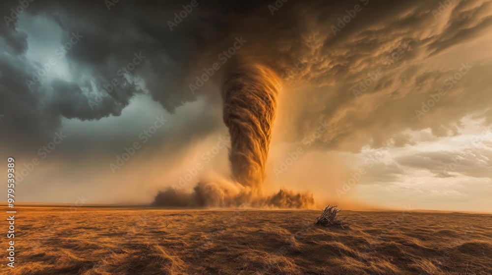 Poster a striking photo of a tornado touching down in a flat landscape, with swirling dust and debris creat