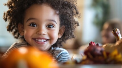 Happy child at Thanksgiving feast with family nearby