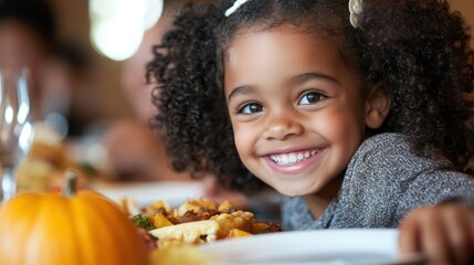 Naklejka premium Smiling child amidst festive autumn dinner setting