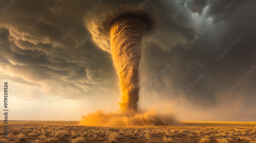 Aufkleber a striking photo of a tornado touching down in a flat landscape, with swirling dust and debris creat