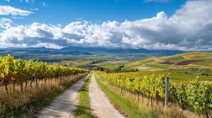 Fototapeta premium A dirt road winds through a verdant field, bordering a lush green hillside, beneath a clear blue sky studded with white clouds