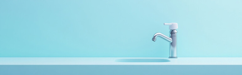 Modern faucet with a blue background and copy space