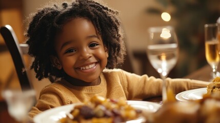 Naklejka premium Child at festive feast with joy amidst decor and treats