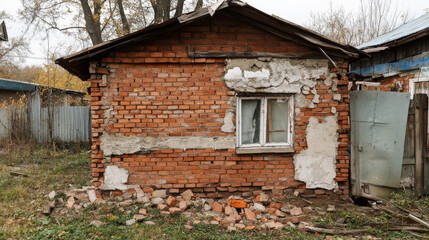 The brick wall of the house has a crack, and the foundation is also damaged.