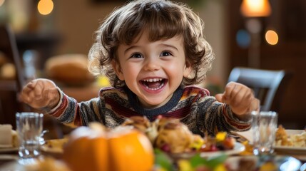 Joyful toddler celebrating with a hearty dinner.