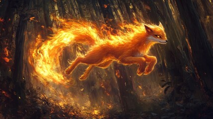 Fototapeta premium Energetic Fiery Kitsune Dancing Among Flames in Enchanted Forest