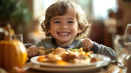 Child smiling joyfully at a festive dinner table.