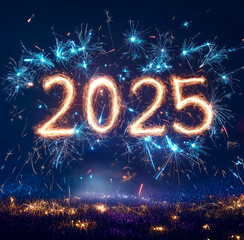 2025 Happy New year, fireworks in the sky