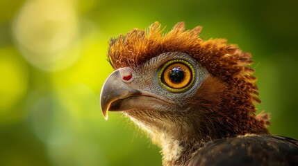  A tight shot of a bird's expressive face against a softly blurred backdrop of leaves