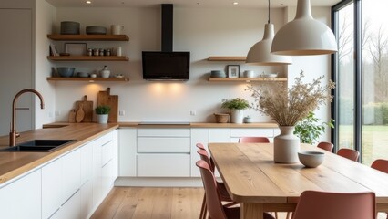 Generative AI, a kitchen with a table and chairs and a window with a view of the outside outside of the room, 3 d render, a 3D render, arts and crafts movement