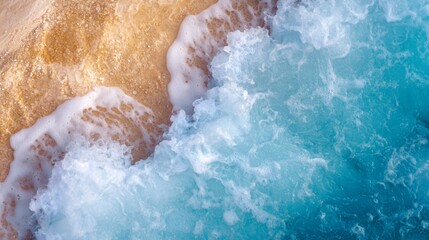 waves collide with the shore, spraying sand; a surfboard protrudes from the water
