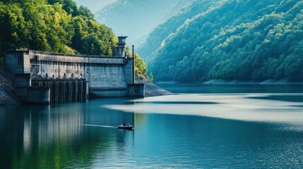 Obraz premium A serene lake formed by a hydroelectric dam, with a small boat gliding across the still water.