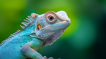 Obraz premium A tight shot of an iguana perched on a branch against a softly blurred background
