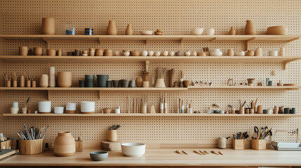 A minimalist craft studio with simple wooden furniture, handmade pottery on display, and tools neatly arranged on a pegboard wall